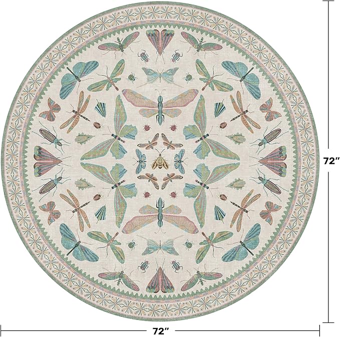 Green and Blue Insect 6ft Round Soft Rugs for Bedroom Beside Bed - Non Skid Rug Low Pile Washable Living Room Rugs, Forest Butterfly Design Stain Resistant Home Décor