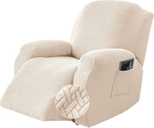 Genina Recliner Chair Cover, Stretch Reclining Chair Covers, Recliner Sofa Slipcovers Stripe Jacquard Lazy Couch Covers Furniture Protector Covers for Pet Kid (Beige, 1 Seat)