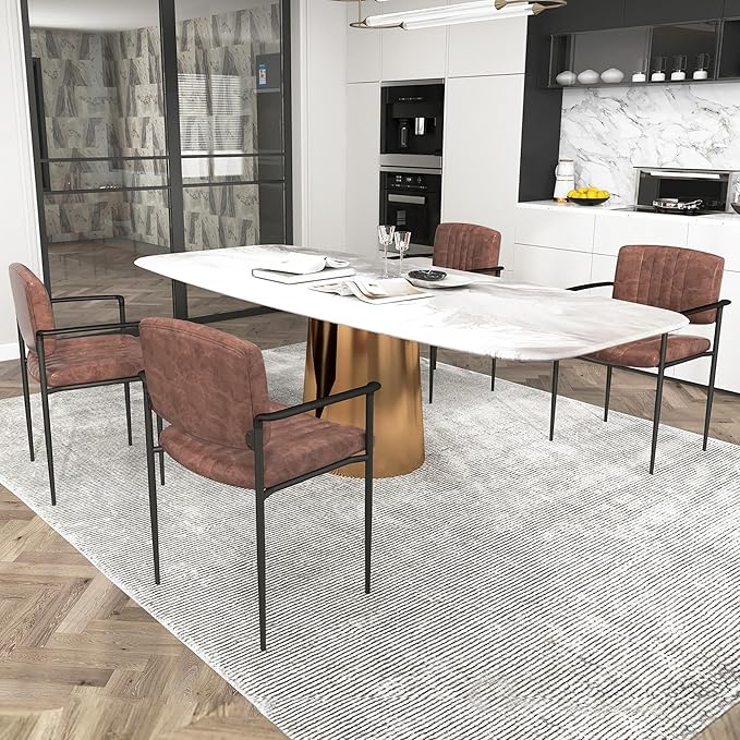 Mid-Century Modern PU Leather Dining Chairs Set of 2, Upholstered Kitchen Chairs with Arms and Metal Legs Adjustable Feet for Kitchen Dining Room(Brown)