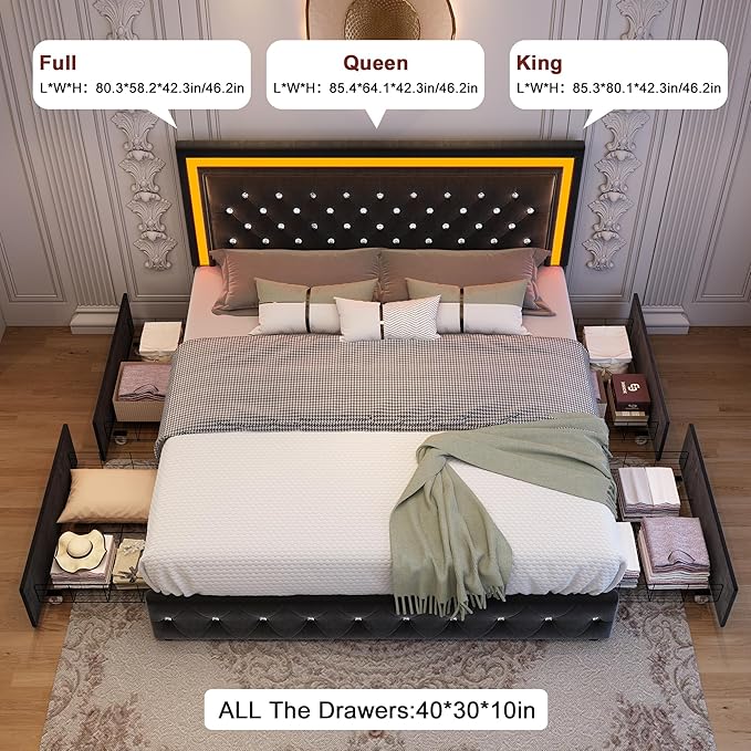 King Led Bed Frame with 4 Storage Drawers, Bed Frame with Led Lights No Box Spring Needed, 900 lbs Capacity, Easy Assembly, Velvet Black
