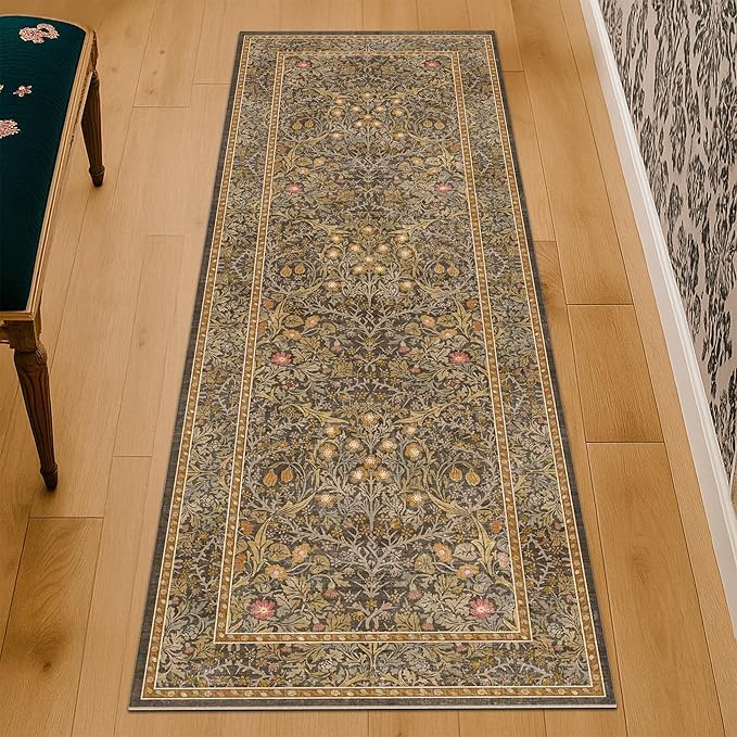 Non Slip 2x7 Gold Brown Hallway Runner - Long Runner Rugs for Bathroom, Washable Kitchen Floor Mat, Bedroom Bedside - Brown Earthy Vintage Floral Décor