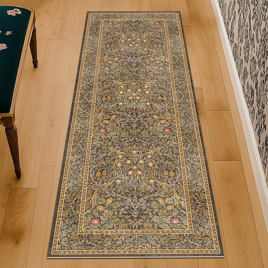 Non Slip 2x7 Gold Brown Hallway Runner - Long Runner Rugs for Bathroom, Washable Kitchen Floor Mat, Bedroom Bedside - Brown Earthy Vintage Floral Décor
