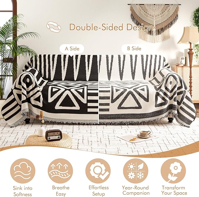 Couch Cover for 2 Cushion Couch Sofa Pet Friendly, Boho Sectional L Shaped Sofa Cover Washable for Dogs Cats Kids, Leather Furniture Protector Slipcover Decor for Living Room, 71"x102"