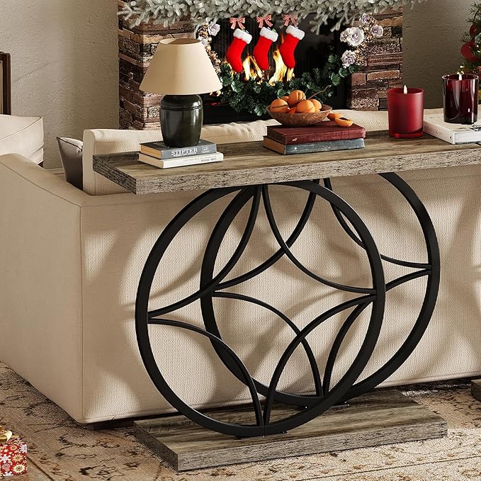 39.4" Entryway Table, Industrial Console Table for Entryway with Anti-Tilt Design, Narrow Wood Accent Sofa Table Behind Couch with Double Circle Base for Hallway, Living Room, Foyer (Industrial Grey)