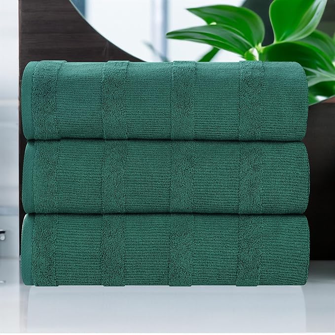Superior Roma Cotton Bath Towels, Set of 3, Highly Absorbent, Ribbed Design, Quick-Dry, Shower, Hotel, Resort, Spa Basics, Bathroom Essentials, Solid, Includes; 3 Bath Towels, Evergreen