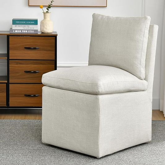 DUHOME Upholstered Armless Dining Chair with Casters,Linen Accent Chair for Living Room,Single Sofa Char with 4 Casters for Bedroom Reading Waiting Kitchen Dining Room