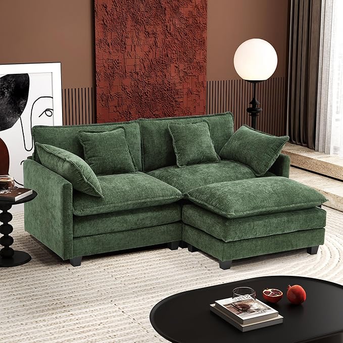 Ihanherry 77" L Shaped Modern Sofa Modular Sectional Cloud Couch with Ottoman, 3-Seat Chenille Deep Seat Sofa with Pillow for Living Room, Bedroom and Apartment, Green