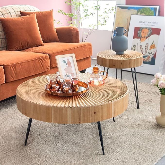 COZAYH 2-Piece Round Nesting Coffee Table Set, Natural Wood Top with Black Metal Legs, Radial Pattern – Rustic Farmhouse Accent for Living Room or Bedroom – Space-Saving Modern Furniture