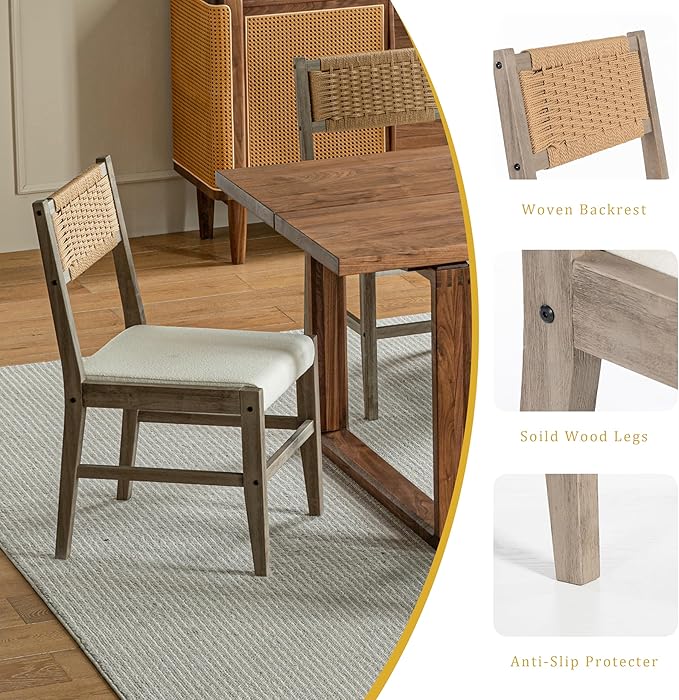 Chogori Wooden Dining Chairs, Modern Farmhouse Kitchen & Dining Room Accent Side Chairs with Woven Rope Back and Fabric Upholstered for Home, Living Room (Gray, Set of 6)