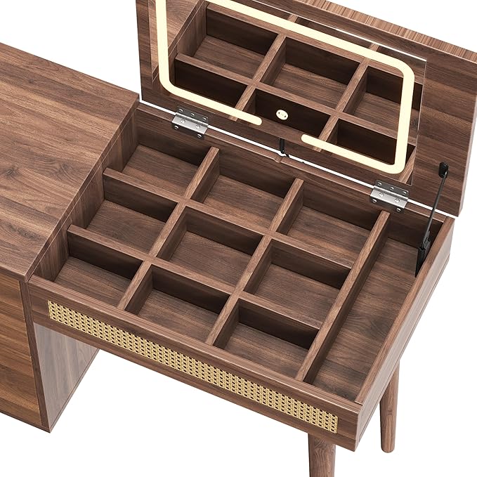 Merax 39" Retro Bohemian Style Vanity Desk, Makeup with Mirror & LED Lights, 3 Drawers & 10 Compartments Storage Dressing Table with Flip-Top Tabletop, Walnut