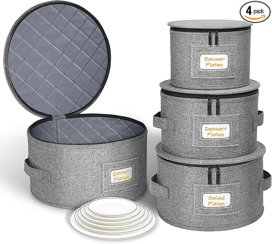 punemi China Storage Containers, Dish Storage with Rigid Top Side Bottom Support & Felt Dividers for Charger Plates Dinnerware, Perfect for Moving Supplies, 4 set Stackable Fine China Storage, Gray