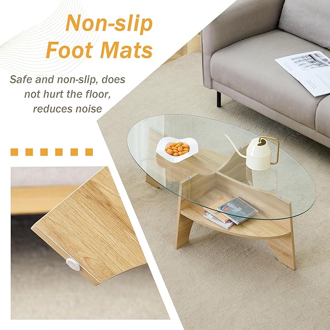LKTART 41" Oval Glass Coffee Table with Tempered Glass Top and MDF Base, Diagonal Fan-Shaped Tray Design Table Leg Simple & Modern Center Table for Living Room Office Apartment Wood