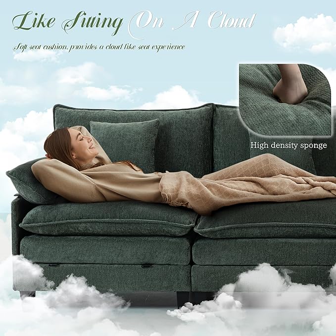 Modular Sectional Sofa, Comfy Cloud Couch with Movable Ottoman, Deep Seat Couches for Living Room, Bedroom and Apartment, 106" L Shaped Modern Sofa with Pillows, Green