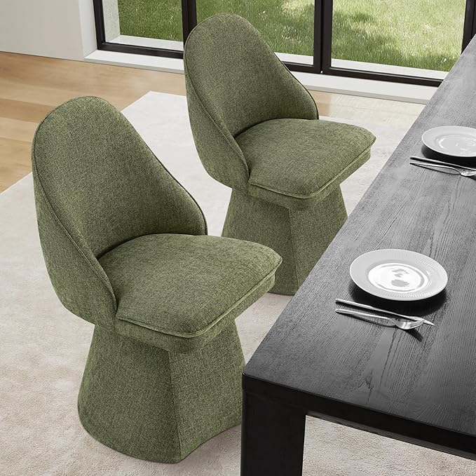 Swivel Dining Chairs Set of 2, Upholstered Mid Century Modern Deskchair with Round Back, Linen Fabric Kitchen Chairs for Dining Room, Bedroom, Dressing Room, Moss Green