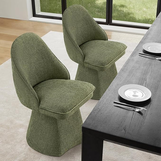 Swivel Dining Chairs Set of 2, Upholstered Mid Century Modern Deskchair with Round Back, Linen Fabric Kitchen Chairs for Dining Room, Bedroom, Dressing Room, Moss Green