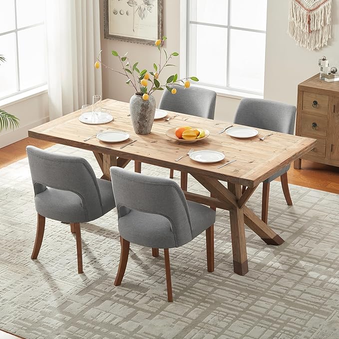 VKNOW Wooden Dining Chairs Set of 4, Modern Fabric Upholstered Dining Room Chair Kitchen Chairs, Farmhouse Dinner Chair for Kitchen Dining Room, Fabric Grey
