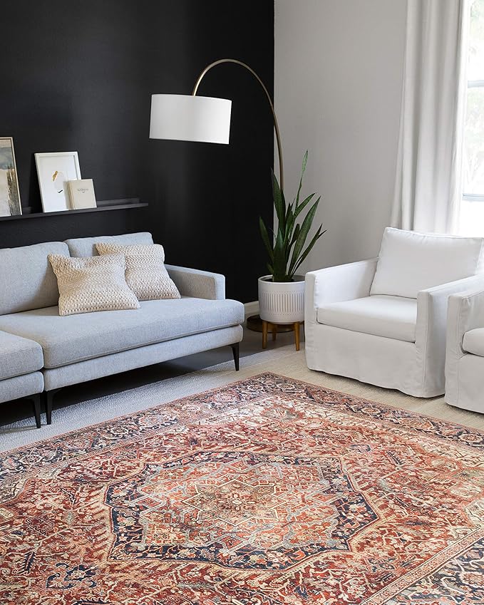 Loloi Layla Collection LAY-08 Red/Navy 7'-6" x 9'-6" .13" Thick Area Rug, Soft, Durable, Vintage Inspired, Distressed, Low Pile, Non-Shedding, Easy Clean, Printed, Living Room Rug
