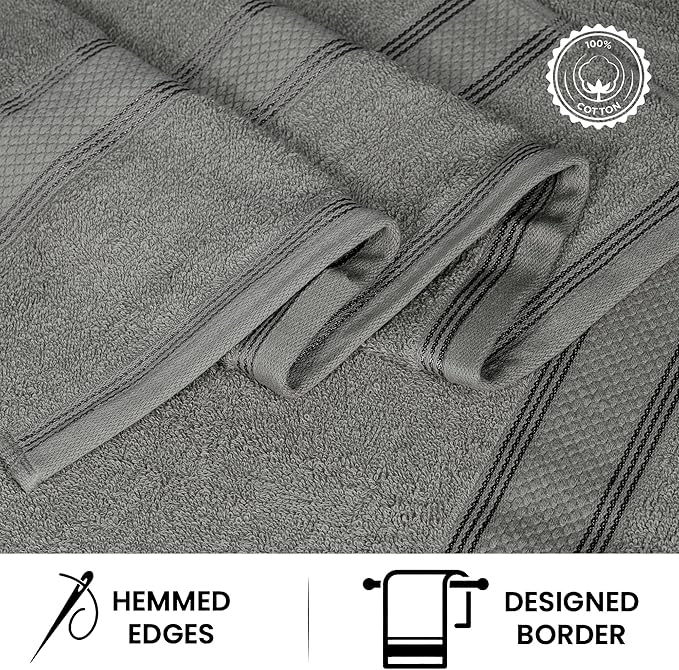 Casa Lino Bath Towel Set of 8 (2 Bath Towels, 4 Wash Cloths & 2 Hand Towels for Bathroom) - 100% Cotton - Highly Absorbent & Quick Dry - Guest Room Essentials for Bathroom Set - (Silver Grey)