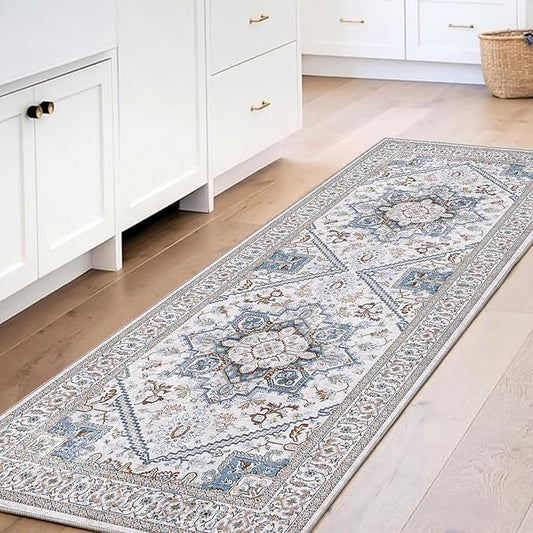 OPPODREAM Thin Entryway Rug 2x6, 2x6 Rug Runner, Neutral Washable Hallways Carpet 2 x 6 with Non Slip Backing, Low-Pile Bedside Carpet 2 x 6, Long, Faux Cashmere, Cream White & Blue & Light Brown