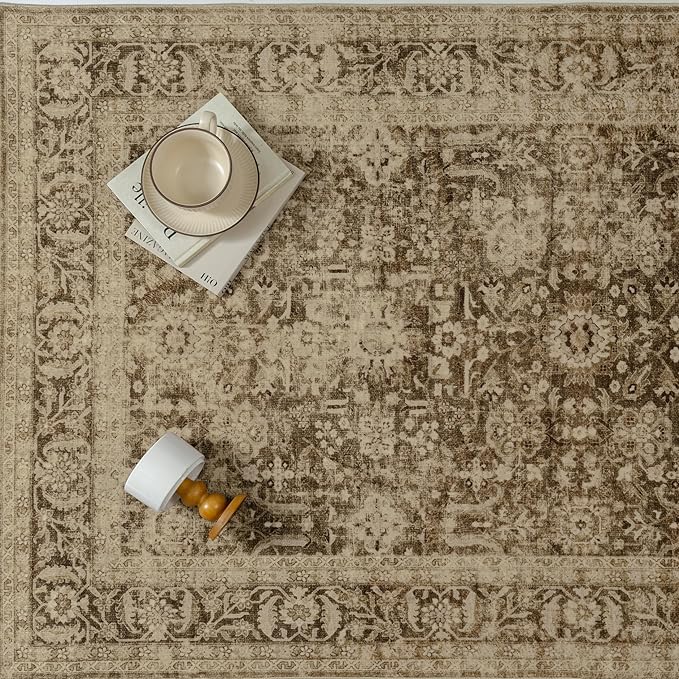 Brown 6x9 Area Rug Non Slip Vintage Living Room Distressed Machine Washable Carpet Retro Indoor Bedroom Traditional Floral Accent Throw Rug for Office Kitchen Dorm Dining Room