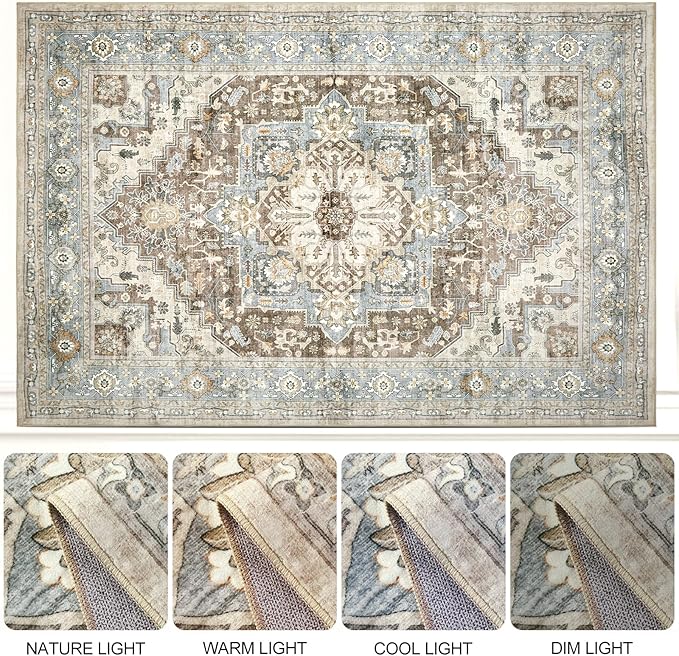 Area Rugs for Living Room 6x9 - Machine Washable Vintage Oriental Soft Rug, Low Pile Thin Floor Carpet with Non Slip Backing for Bedroom, Dorm, Under Dining Room Table, Indoor House, Office Decor
