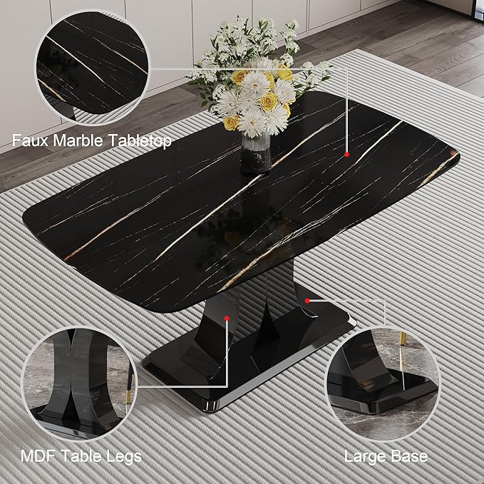 Modern Dining Table Set for 6, Marble Kitchen Table Chair Set for 6, Rectangular Kitchen Table with 6 Pu Leather Upholstered Chair for Dining Room
