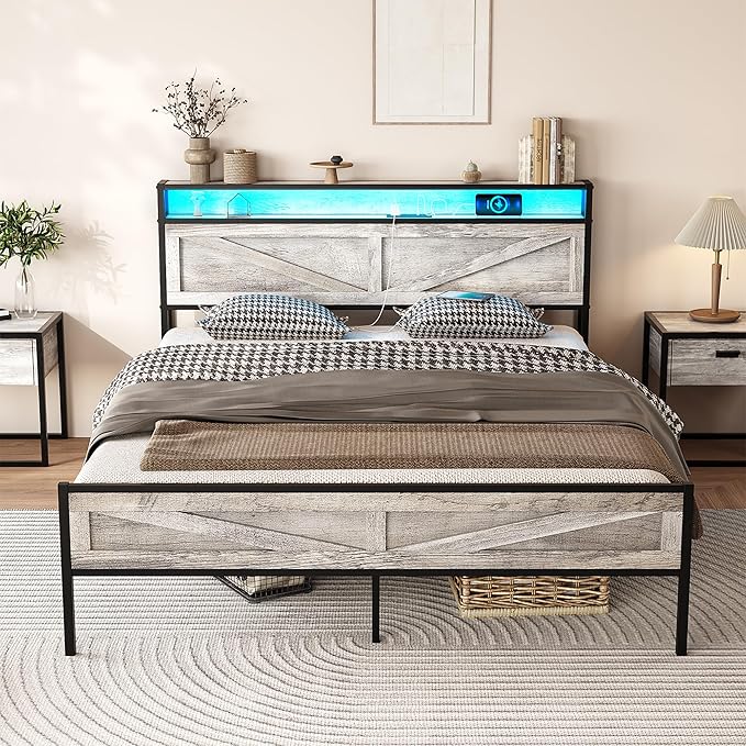 Vabches Full Size Bed Frame with Headboard and Charging Station, Wash Grey Platform Bed Frame with Led Light, No Box Spring Needed, Noise Free Farmhouse Bedroom Set