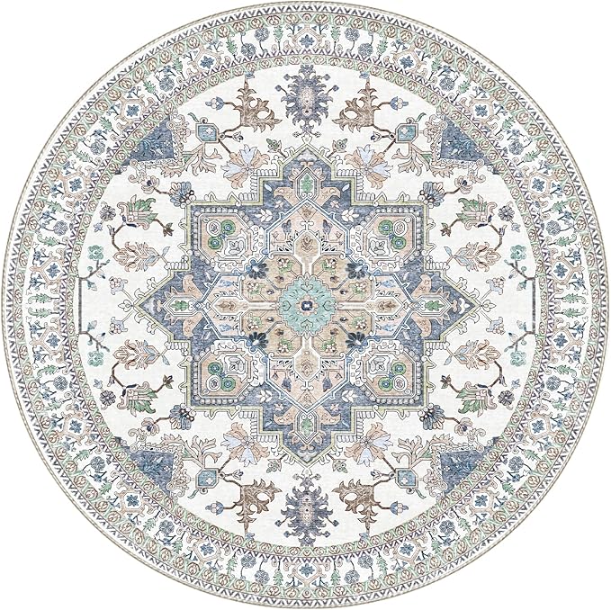 OPPODREAM Thin Round Rug 3ft, Washable Circle Rug 3ft with Non Slip Backing Play Room, Low-Pile Carpet 3 ft, Small Faux Cashmere Throw Carpet, Purple & Green & Cream