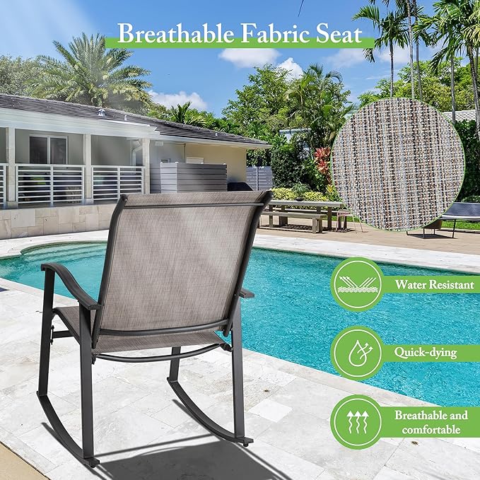 Shintenchi 3 Piece Rocking Bistro Set, Outdoor Furniture with Rocker Chairs and Glass Coffee Table Balcony, Porch Furniture for Small Space, Gray