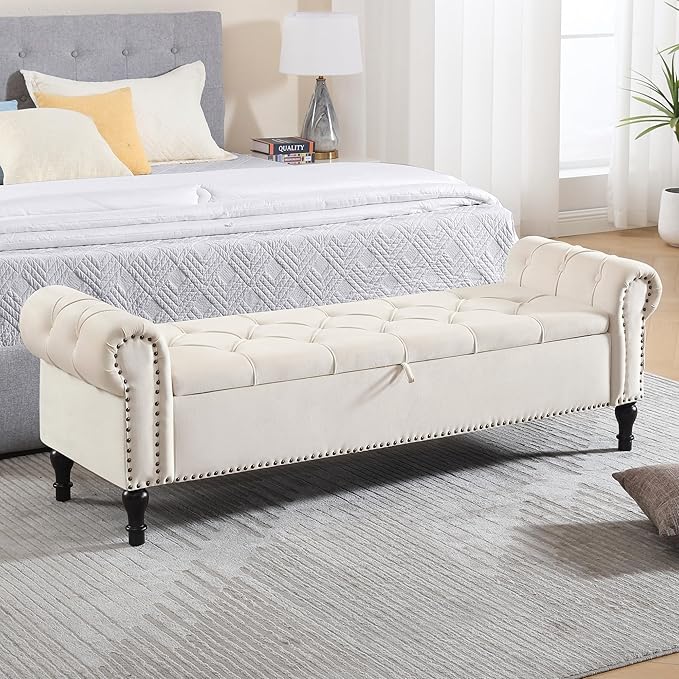 Storage Bed Bench for Bedroom, Velvet 67" End of Bed Benches, King Size Bench with Armrest, Tufted Button Upholstered Ottoman Bench for Living Room, Entryway, Cream Beige