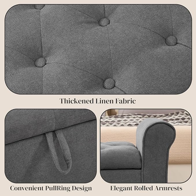 End of Bed Storage Bench for Bedroom, 49" Upholstered Storage Ottoman with Rolled Arms, Rivet Polyester Fabric Ottoman Bench for Bedroom, Living Room, Window, Entryway, Dark Gray