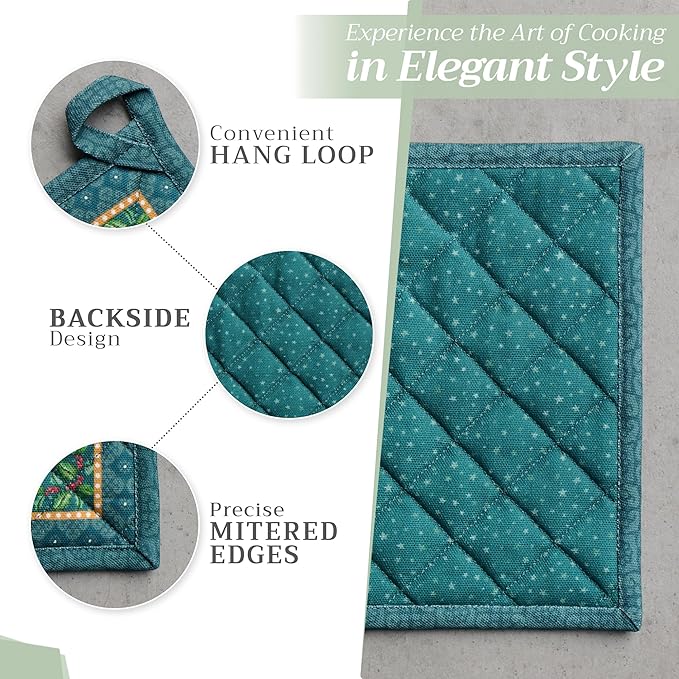 Maison d' Hermine Pot Holders Set 100% Cotton Heat Resistant Potholders 8" x 8" Hot Pads with Loop for Thanksgiving Christmas Decorations BBQ Baking Handling Hot Pans (Pack of 2, Hygge Christmas)