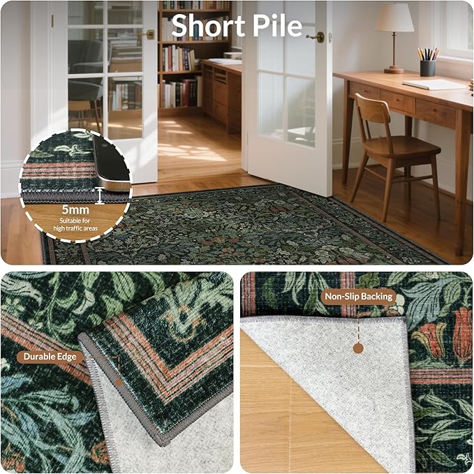 GENIMO 5x7 Washable Area Rug, Non-Slip Vintage Boho Floral Carpet, Soft Low-Pile Thin Bedroom Rug for Living Room, Dining Room, Nursery, Dark Green