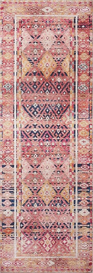 Loloi Layla Collection LAY-15 Magenta/Multi 2'-6" x 12'-0" .13" Thick Runner Rug, Soft, Durable, Vintage Inspired, Distressed, Low Pile, Non-Shedding, Easy Clean, Printed, Living Room Rug