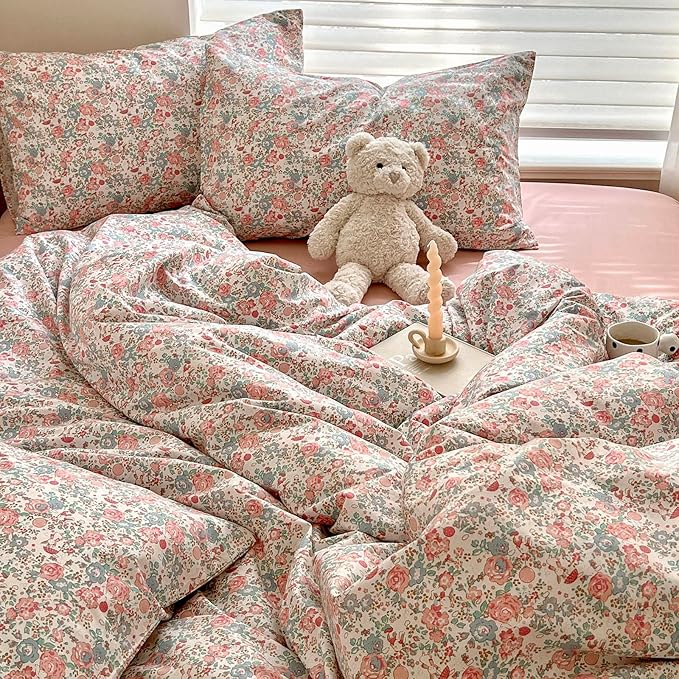 EAVD Botanical Floral Comforter Set King Soft Microfiber Chic Shabby Pink Floral Bedding Comforter Set with 2 Pillowcases French Style Botanical Comforter Set for All-Season
