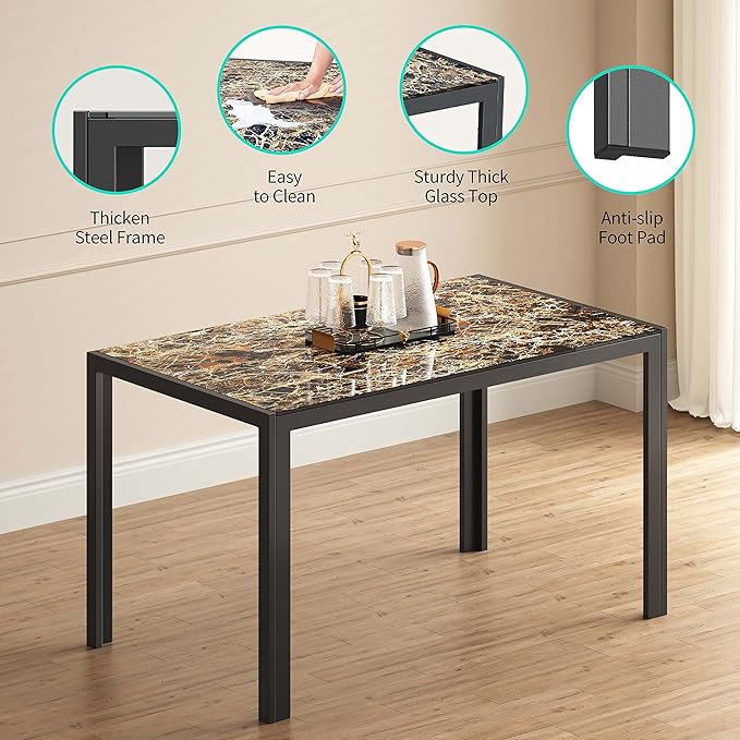 Gizoon 5 Piece Glass Dining Table Set, Kitchen and Chairs for 4, PU Leather Modern Room Sets for Home, Kitchen, Living Room