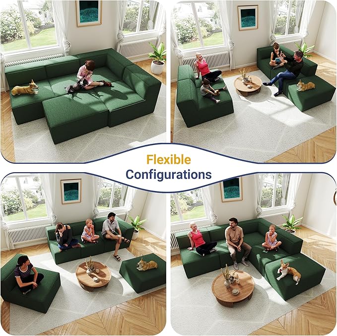97"+57" 5-Piece Modular Sectional Sofa Convertible Cube Couch 2 3 4 Seat Set, L-Shape, Thick Foam No Assembly for Living Room (3xArmless+1xCorner+1xOttoman) Fabric Chenille Dark Green