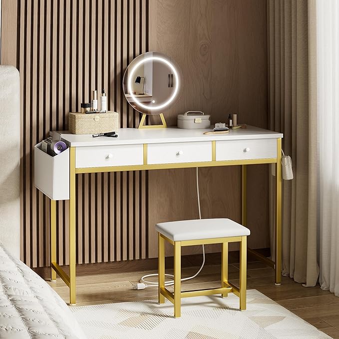 Girls Vanity Desk with Mirror and Lights Small Makeup Vanitys Set with Chair Fabric Drawers Power Outlet, Dressing Table Vanities for Kids Bedroom 40“ White and Gold