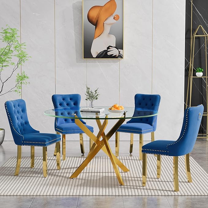 Goujxcy 5 Piece Round Glass Dining Table Set for 4, 47" Round Dining Table & Chair Set Modern Circle Glass Kitchen Table and 4 Velvet Upholstered Chairs for Kitchen Dining (Gold Table & Blue Chair)