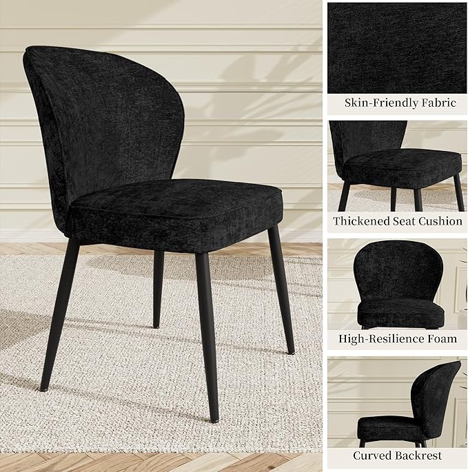 Dining Chairs Set of 4, Modern Fabric Dining Room Chairs with Curved Backrest Well-Padded Seat, Upholstered Kitchen Chairs for Living Dining Room, Black