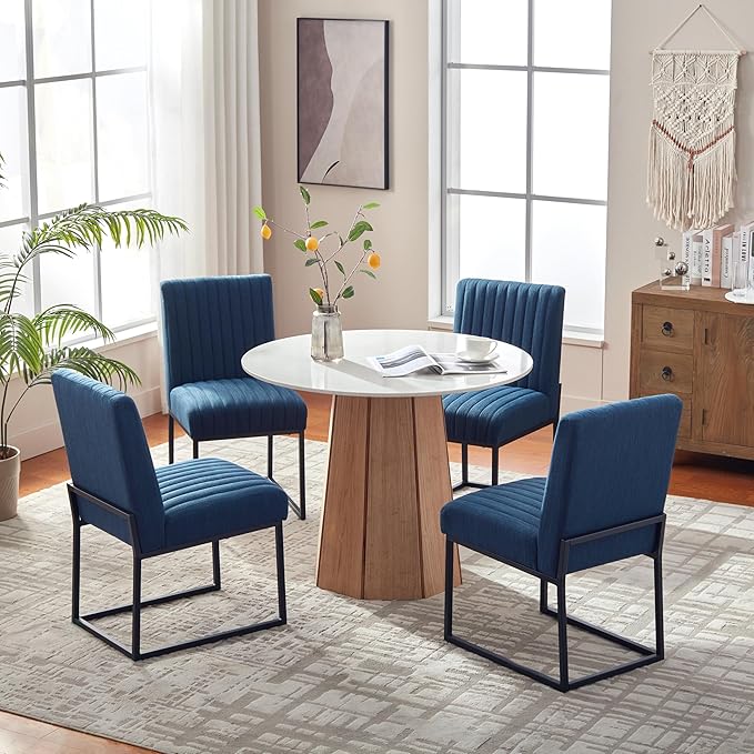 VKNOW Upholstered Dining Chairs Set of 4, Modern Dining Room Chairs with Stripe, Linen Kitchen Chair Dinner Chair with Black Metal Base for Kitchen Office, Blue