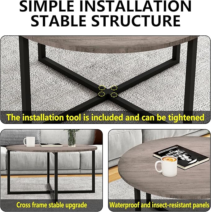 HOMERECOMMEND Round Coffee Table Nesting Tables for Living Room Tea Desk with Black Metal Legs Tea Table Balcony End Sofa Table Study,Black+Grey