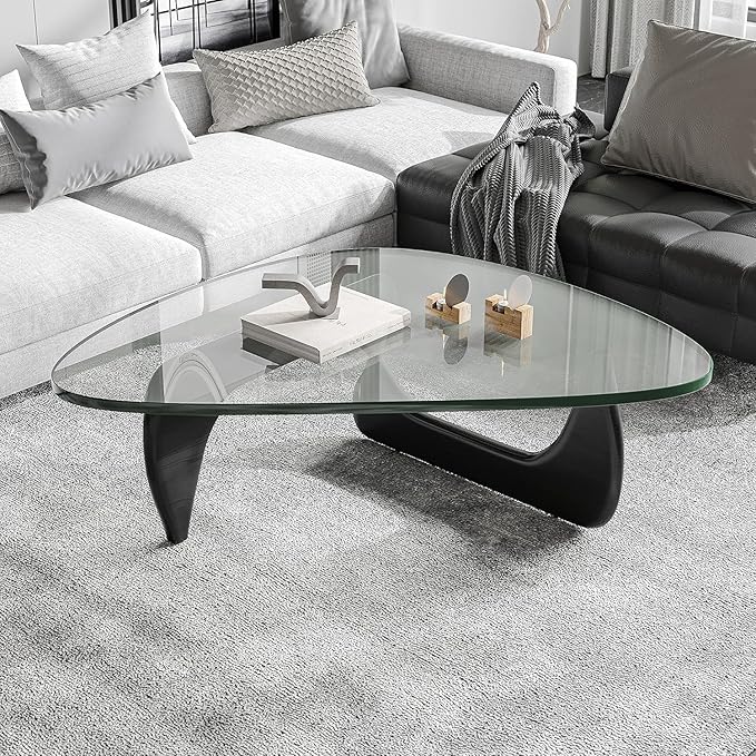 Noguchi Triangle Glass Coffee Table with Solid Wood Base, Vintage Clear Glass Top Modern Design for Living Room, Patio, Study, Black