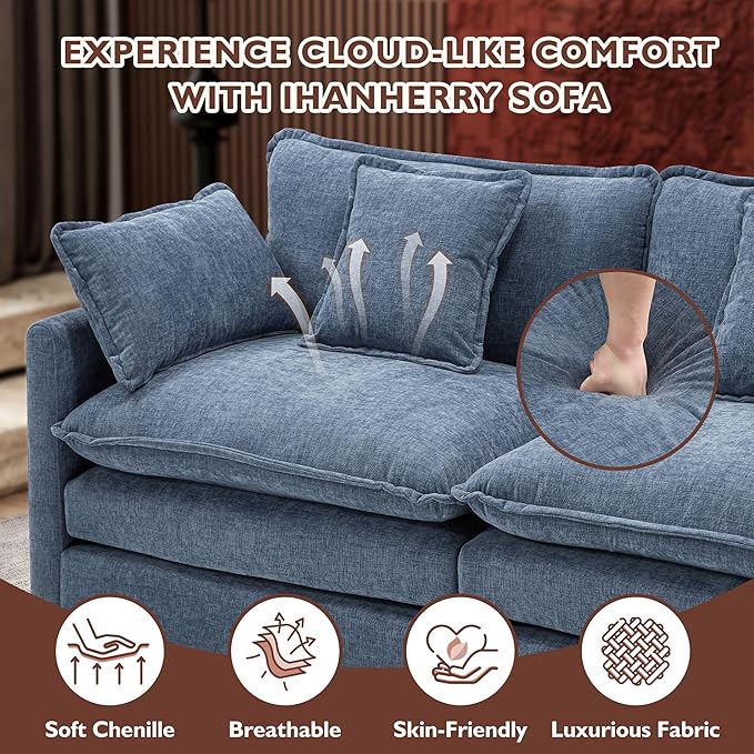 Ihanherry 111.4 Inch 3-Seater Cloud Sofa, Modular Sectional Couch, Modern Deep Seat Sofa for Living Room, Comfy Double Layer Upholstered Seat Cushion, Breathable Chenille Fabric, Blue
