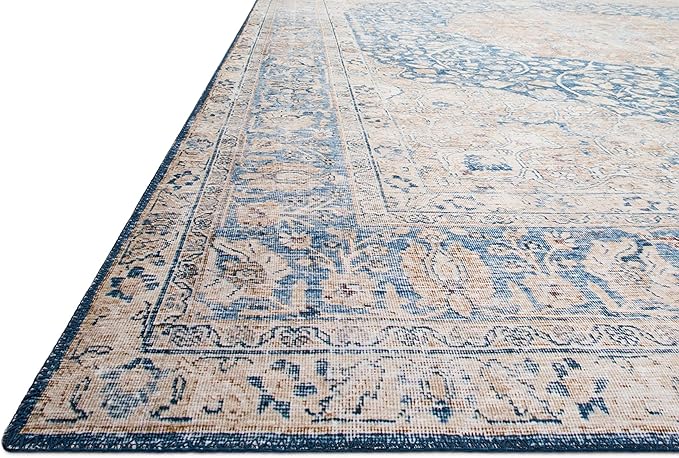 Loloi Layla Collection LAY-07 Blue/Tangerine 7'-6" x 9'-6" .13" Thick Area Rug, Soft, Durable, Vintage Inspired, Distressed, Low Pile, Non-Shedding, Easy Clean, Printed, Living Room Rug