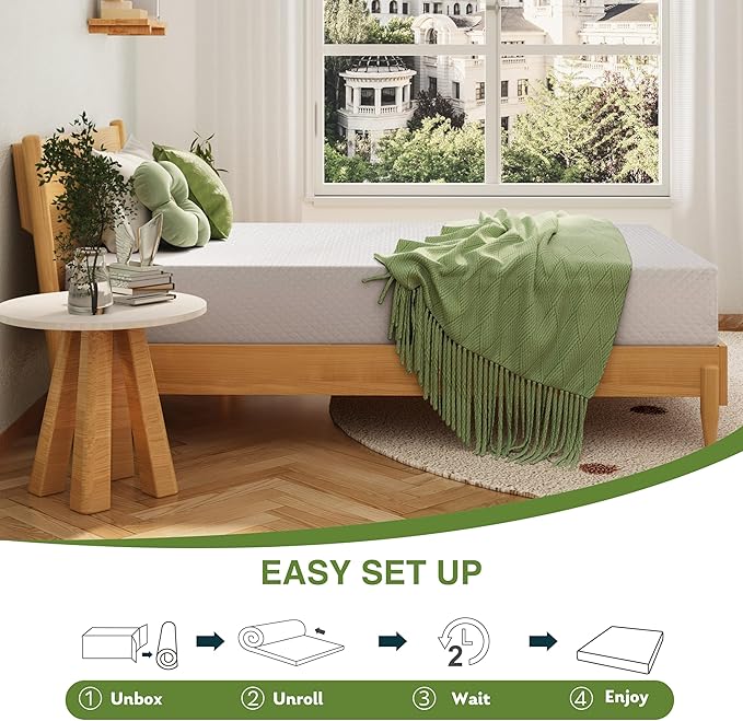 EGOHOME 8 Inch Twin Mattress, Memory Foam Mattress with Cooling Green Tea Gel, Relieve Pressure with Medium Firm Support, CertiPUR-US Certified, 75''L x 38''W, White
