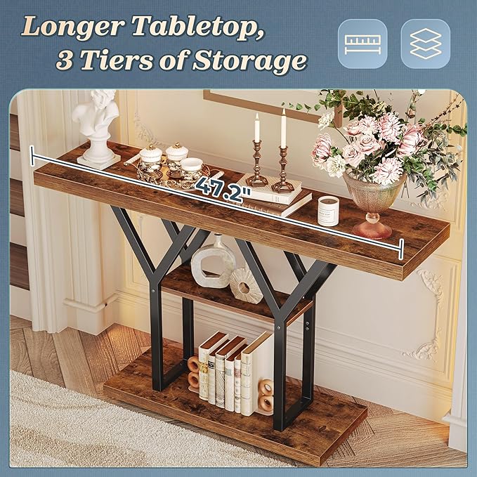 Huuger 47.2 Inch Entryway Table, Industrial Console Sofa Table, 3 Tier Accent Table, for Entry, Hallway, Entrance, Foyer, Y-Shaped Metal Base, Rustic Brown