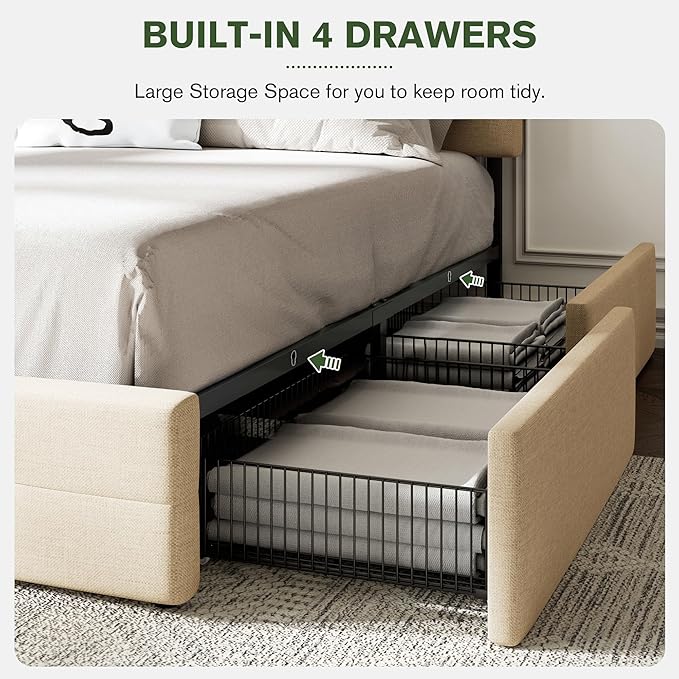MUTICOR Queen Size Bed Frame with 4 Storage Drawers, Upholstered Platform Bed with Button Tufted Adjustable Headboard, No Box Spring Needed, Easy Assembly, Square Tufted, Beige Fabric