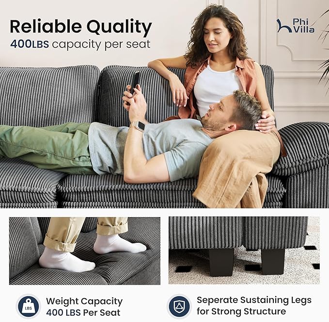 PHI VILLA Indoor Modular Sectional Couches Sets, 2-Piece Armless Sofa Set, 2-Seater Upholstered Couch for Living Room Small Spaces, Corduroy Fabric, Grey