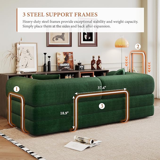 Boneless Couch Sectional Sofa,Convertible Sofa Bed with Sleeper Sofa,Futon Floor Couch Folding Sofas for Living Room,Bedroom,Apartment (Green, 78.8''W)